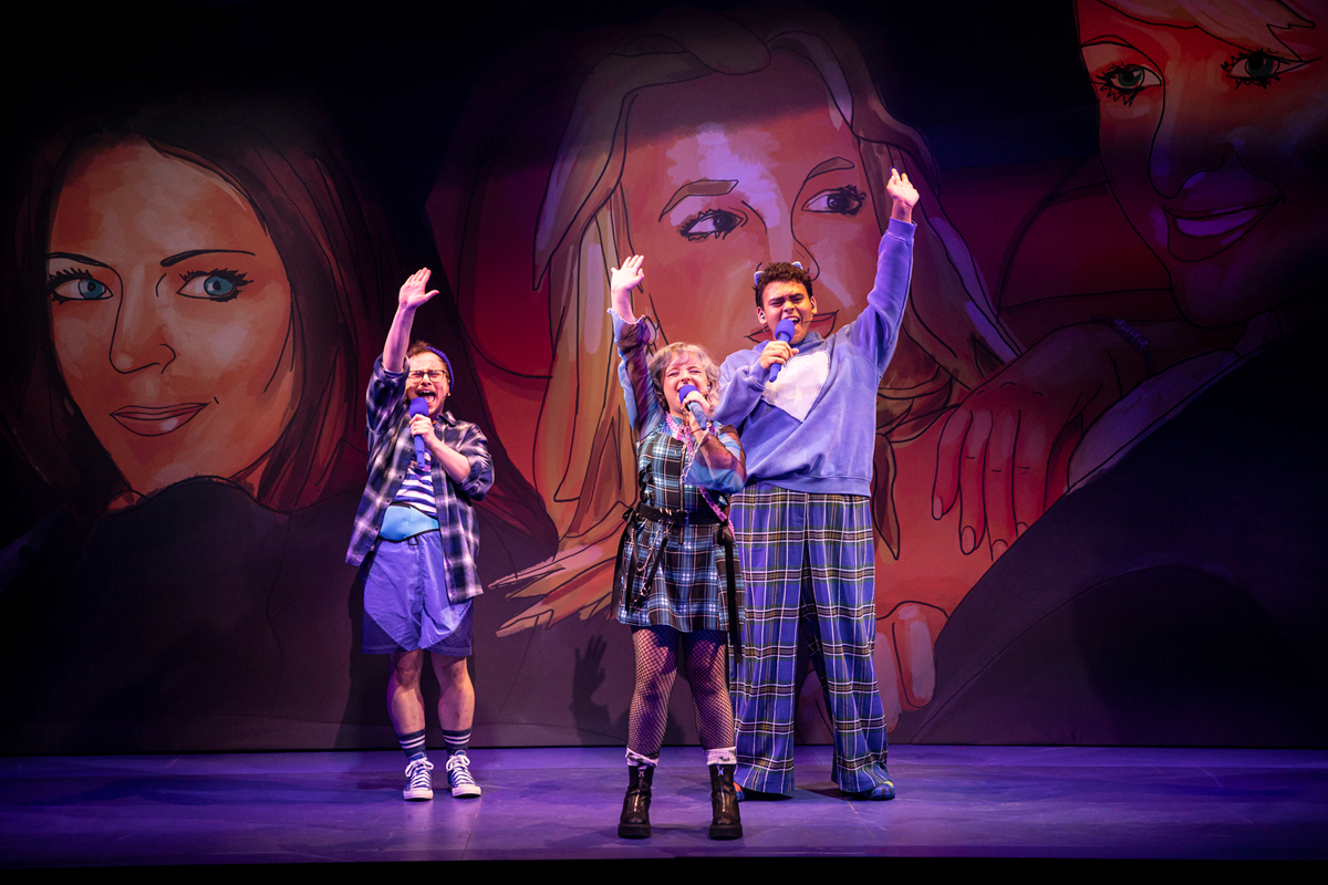 Patrick Nathan Falk, Milly Shapiro, and Luke Islam ini "The Last Bimbo of the Apocalypse."