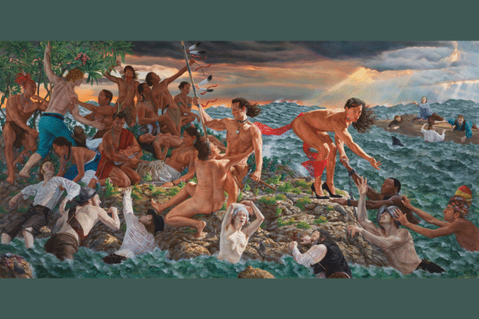 "mistikôsiwak (Wooden Boat People): Welcoming the Newcomers" by Kent Monkman