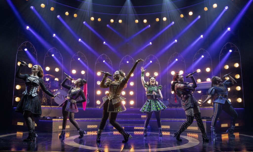 (l-r) Kelsie Watts, Kay Sibal, Najah Hetsberger, Gianna Yanelli, Krystal Hernandez, and Taylor Marie Daniel in "SIX" on Broadway.