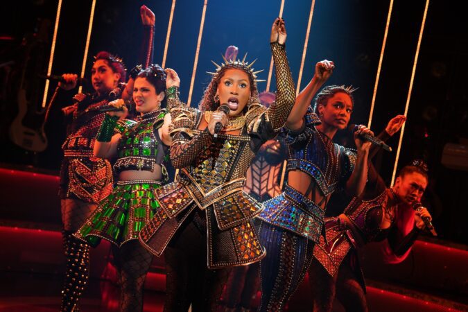 Najah Hetsberger (center) with (l-r) Krystal Hernandez. Gianna Yanelli, Taylor Marie Daniel, and Kay Sibal in "Six" on Broadway.