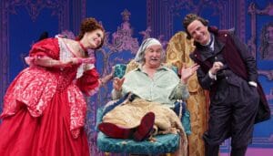 Emily Swallow, Mark Linn-Baker, and Manoel Felciano in "The Imaginary Invalid."