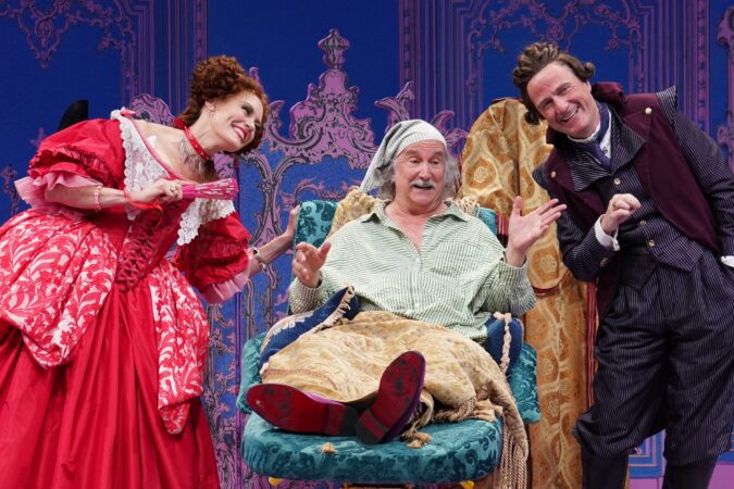 Emily Swallow, Mark Linn-Baker, and Manoel Felciano in "The Imaginary Invalid."