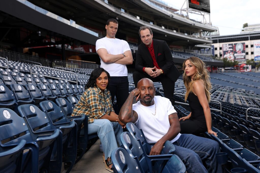 (l-r) The cast of Arena Stage's "Damn Yankees" will include Bryonha Marie, Jordan Donica, Quentin Earl Darrington, Rob McClure, and Ana Villafañe. Photo by Tony Powell at Nationals Park.