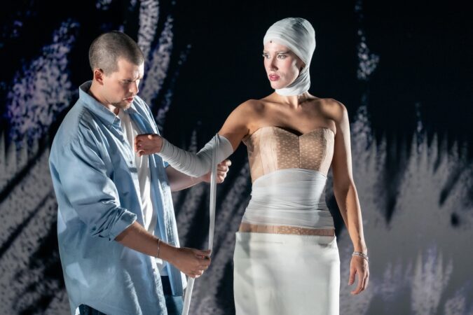 Luke Newton as Alexander McQueen and Jonina Thorsteinsdottir in "House of McQueen." Photo by Thomas Hodges.