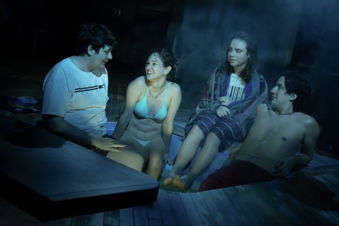 (l-r) Jamie Sanders, Andrea Lopez Alvarez, Christopher Dylan White, and Greg Cuellar in "Initiative" at The Public Theater.