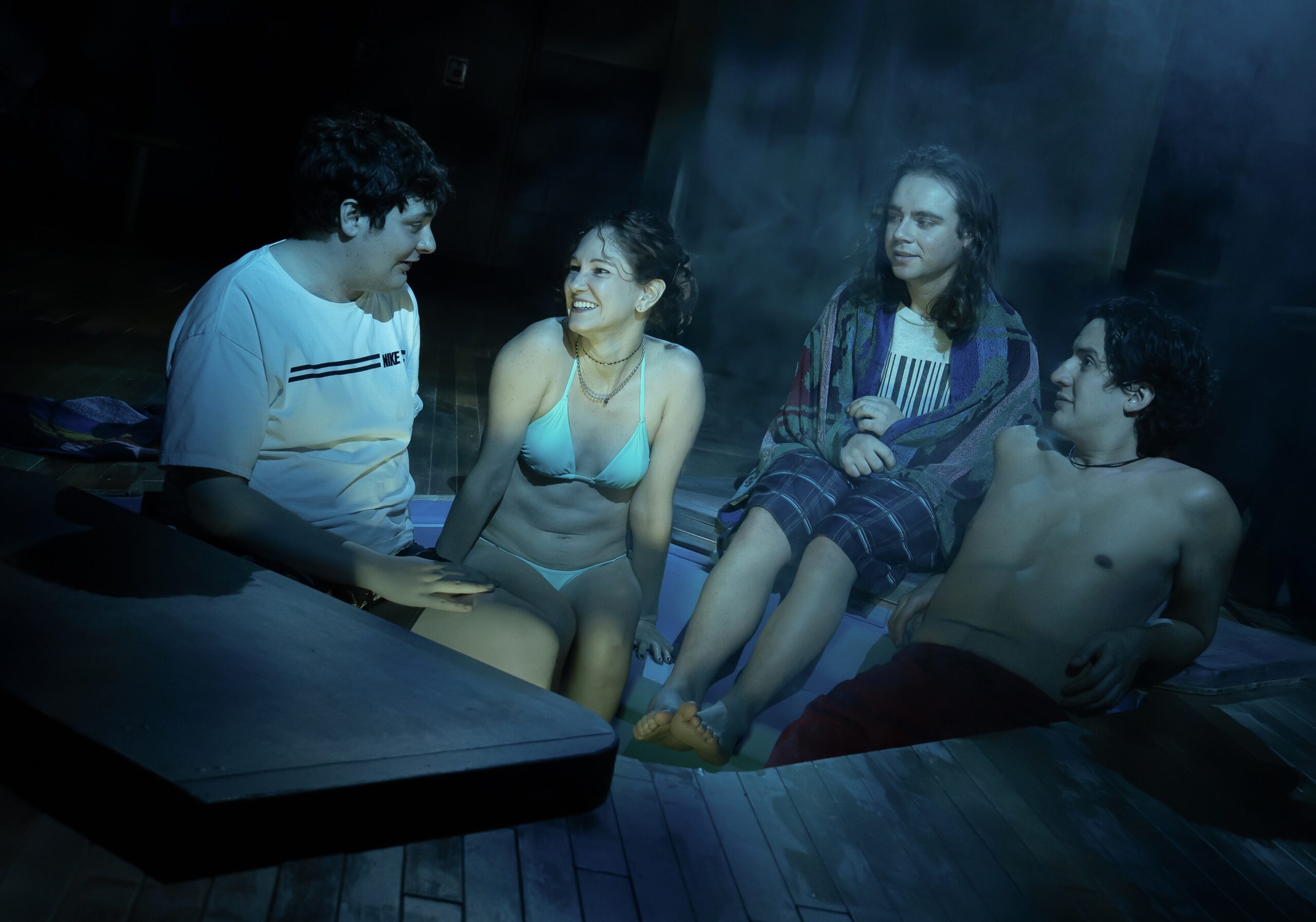 (l-r) Jamie Sanders, Andrea Lopez Alvarez, Christopher Dylan White, and Greg Cuellar in "Initiative" at The Public Theater.