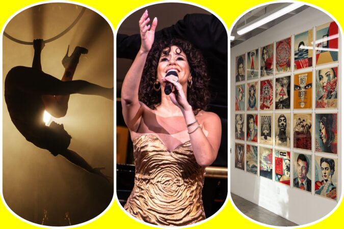 (l-r) Company XIV's "Nutcracker Rouge," Mandy Gonzalez at Carnegie Hall, and Shepard Fairey's "Out of Print."