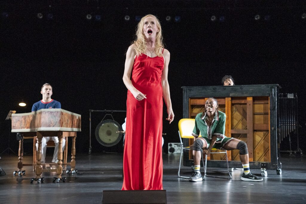 (l-r) Collin Shay, Kit Green, Yandass, and Yshani Perinpanayagam in "The Faggots and Their Friends Between Revolutions" at Park Avenue Armory. Photo by Stephanie Berger.