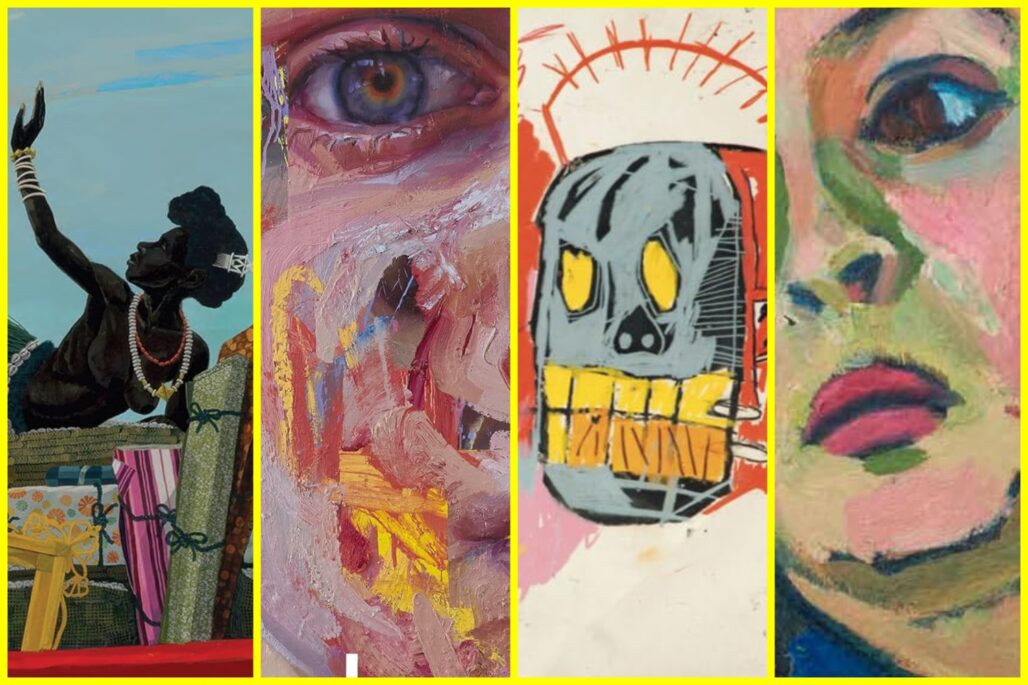 art book composite featuring works by Jenny Saville, Kerry James Marshall, Gabriele Münter, and Jean-Michel Basquiat.