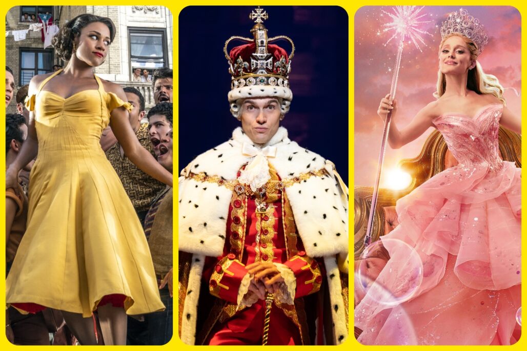 A collage of costumes by Paul Tazewell: "West Side Story," "Hamilton," and "Wicked."