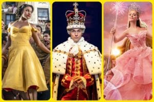 A collage of costumes by Paul Tazewell: "West Side Story," "Hamilton," and "Wicked."