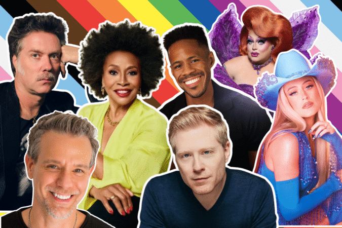 Talent aboard VACAYA's 2026 Caribbean cruise: (clockwise from top left) Rufus Wainwright, Jenifer Lewis, Jay Jurden, Ginger Minj, Brooke Eden, Anthony Rapp, and Adam Pascal.