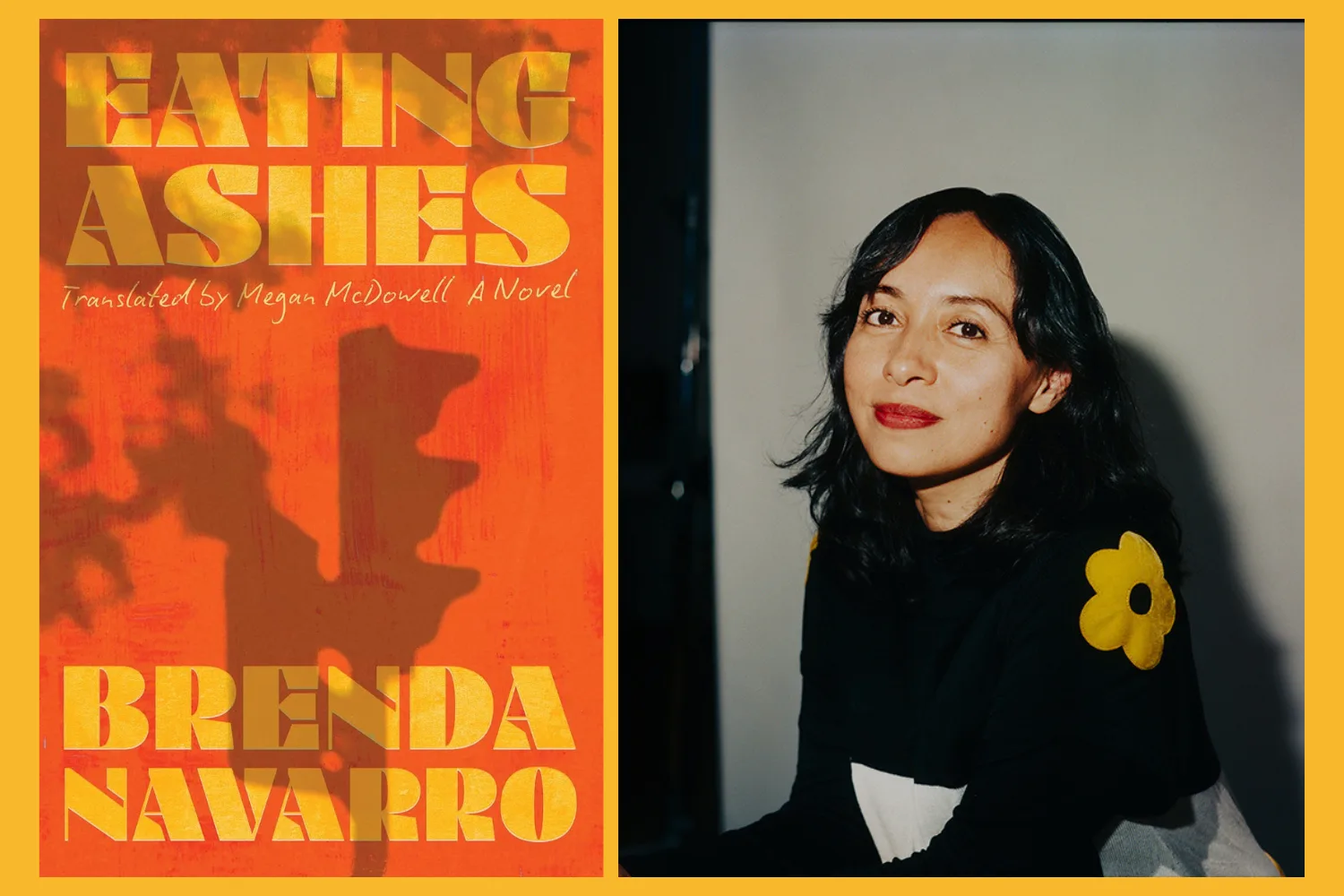 Book cover of "Eating Ashes" and author Brenda Navarro.
