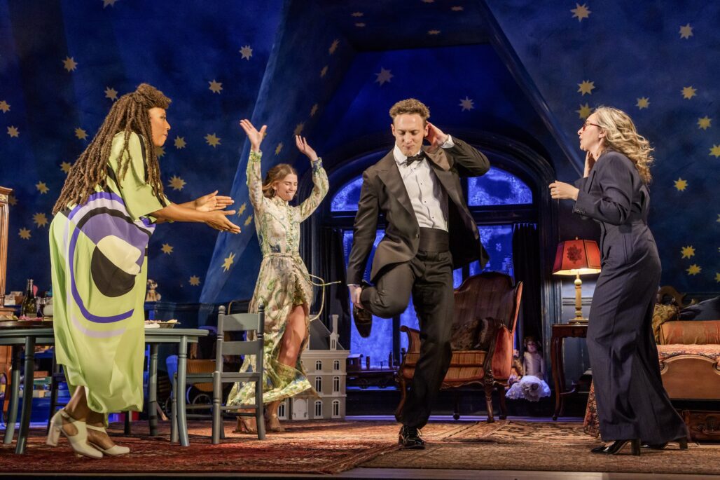 (l-r) ) Christiana Clark, Bryce Gangel, Luigi Sottile, and Jessie Fisher in Goodman Theatre's "Holiday."
