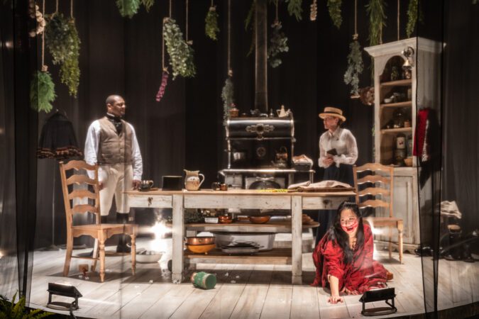 Kelvin Roston Jr, Mi Kang, and Rebecca Spence in "Miss Julie."