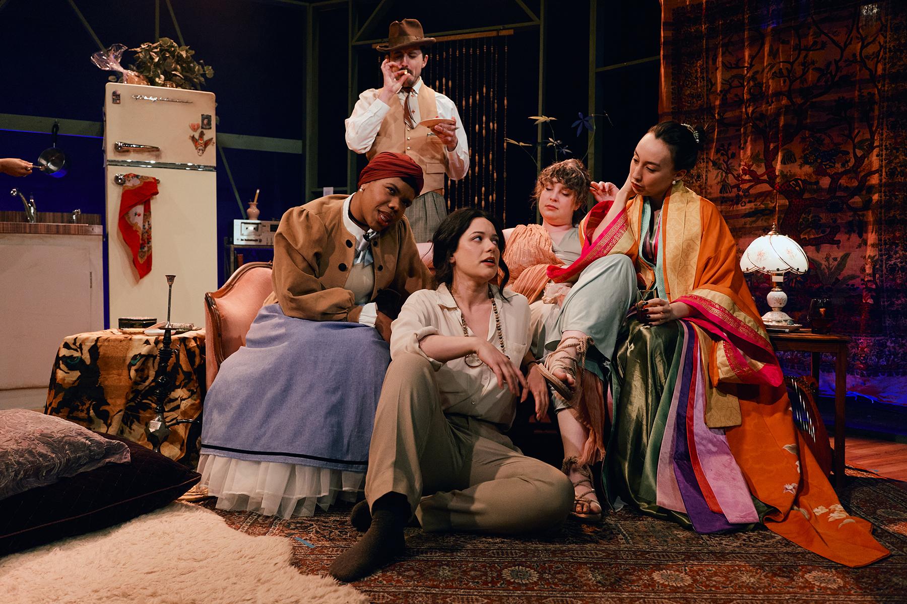 (l-r) Myah Bridgewater, Brenna DiStasio, Tamsen Glaser and Emily Marso with (back) Peter Ferneding in the world premiere of "Pot Girls" at The Story Theatre.