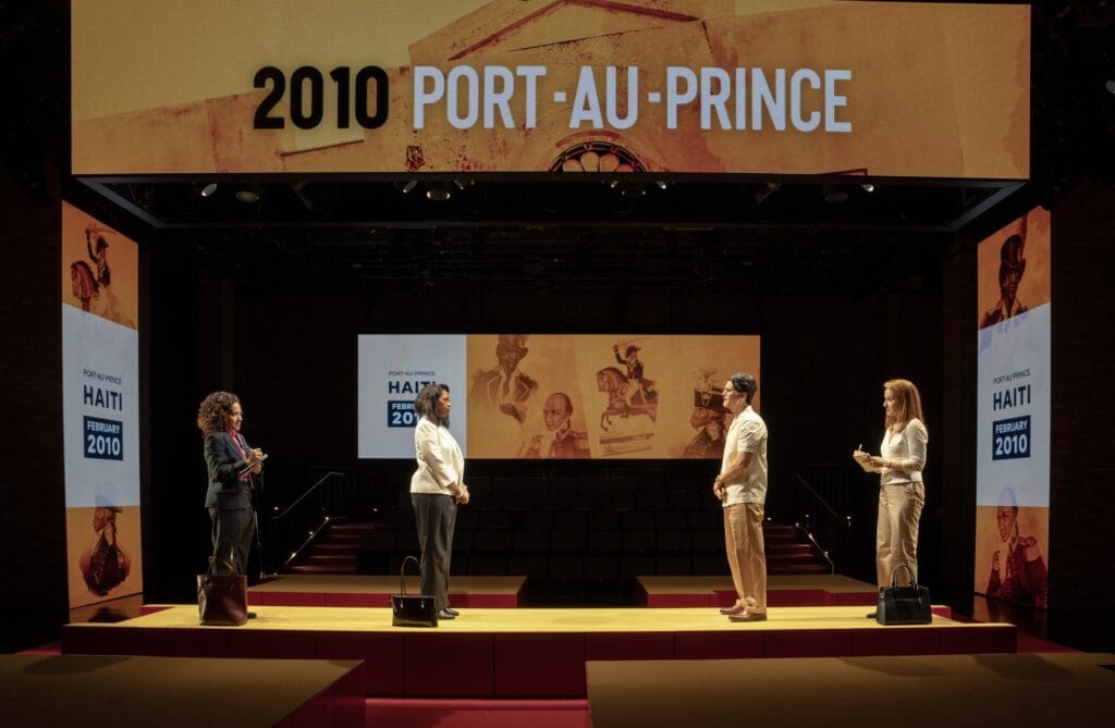 6. Zabryna Guevara, Marinda Anderson, Armando Riesco, and Maggie Bofill in "Public Charge" at The Public Theater.