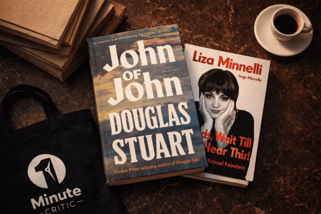 1MC curated bookshop flat lay featuring John of John by Douglas Stuart and Kids Wait Till You Hear This by Liza Minnelli with 1 Minute Critic tote bag