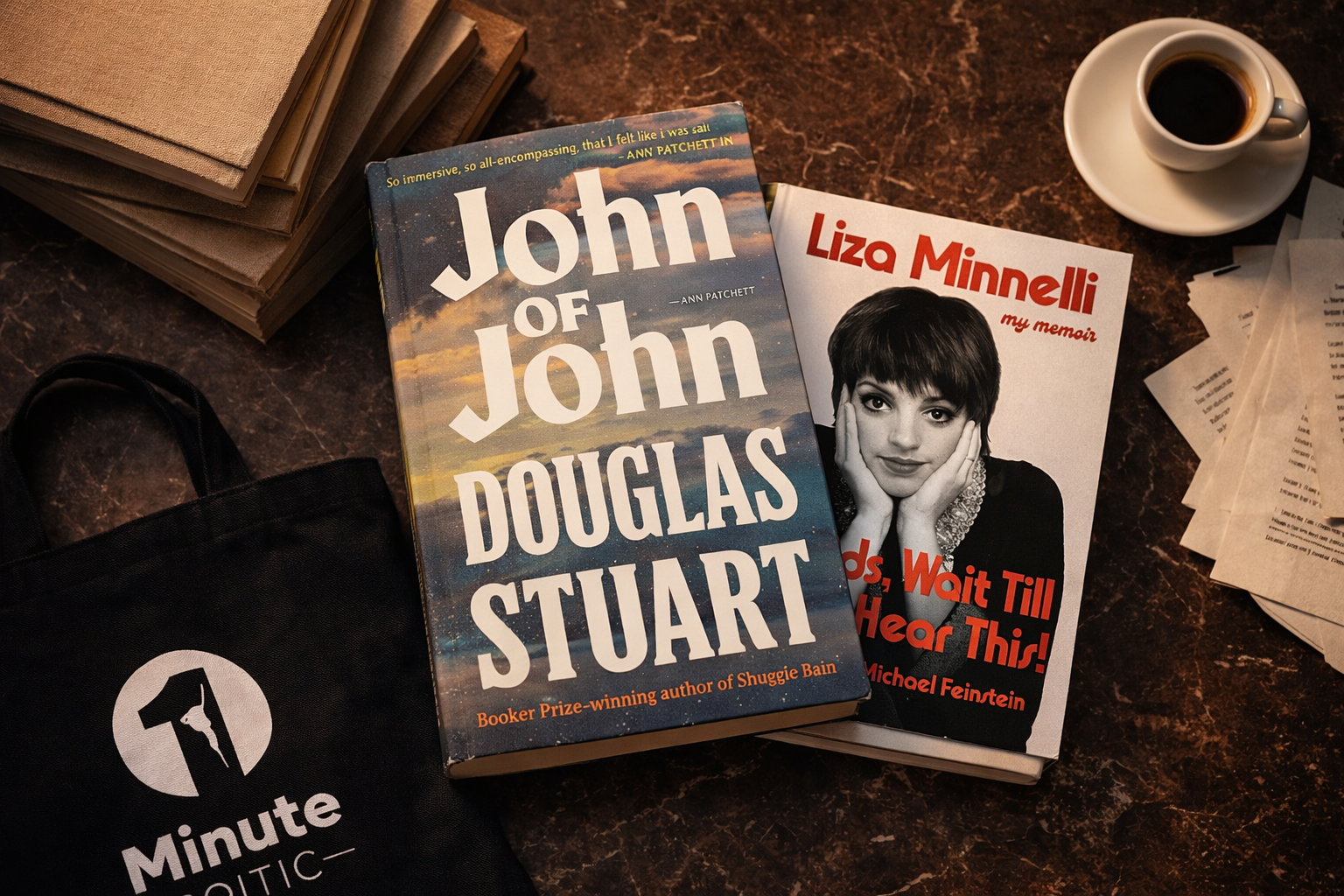Curated book recommendations featuring John of John by Douglas Stuart and Kids Wait Till You Hear This by Liza Minnelli with 1 Minute Critic tote bag
