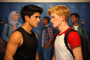 Two teenage boys confront each other in front of a row of lockers.