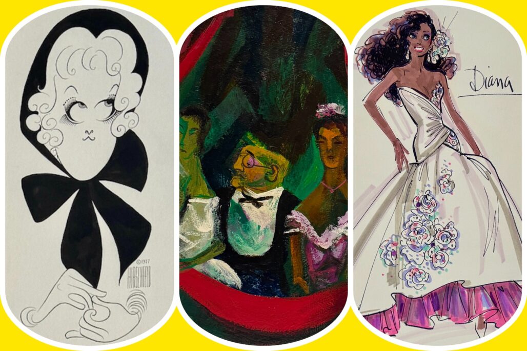 "Showstoppers: The Art of Stage and Screen" at Helicline Fine Art. (l-r) Meryl Streep in "Happy End" by Al Hirschfeld, "Opera Box" by William Gropper," and a costume design for Diana Ross by Bob Mackie.