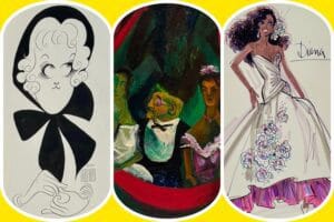 "Showstoppers: The Art of Stage and Screen" at Helicline Fine Art. (l-r) Meryl Streep in "Happy End" by Al Hirschfeld, "Opera Box" by William Gropper," and a costume design for Diana Ross by Bob Mackie.
