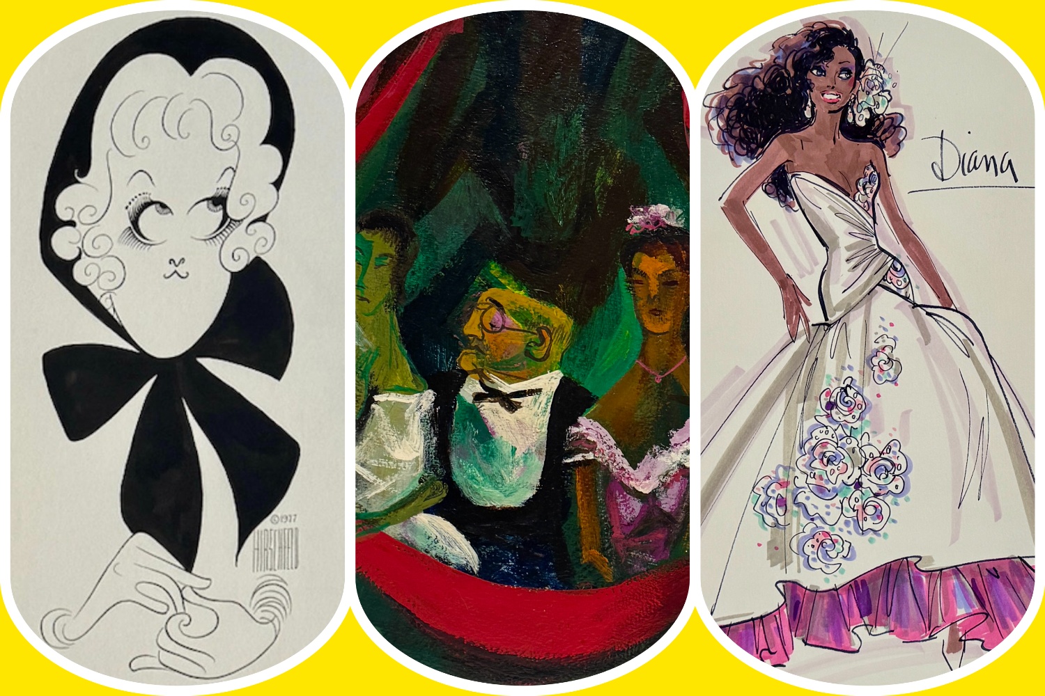 "Showstoppers: The Art of Stage and Screen" at Helicline Fine Art. (l-r) Meryl Streep in "Happy End" by Al Hirschfeld, "Opera Box" by William Gropper," and a costume design for Diana Ross by Bob Mackie.