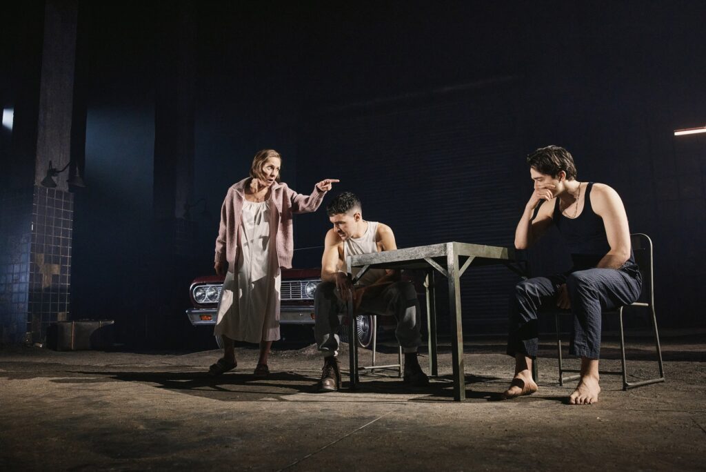 Laurie Metcalf, Christopher Abbott, and Ben Ahlers in "Death of a Salesman."