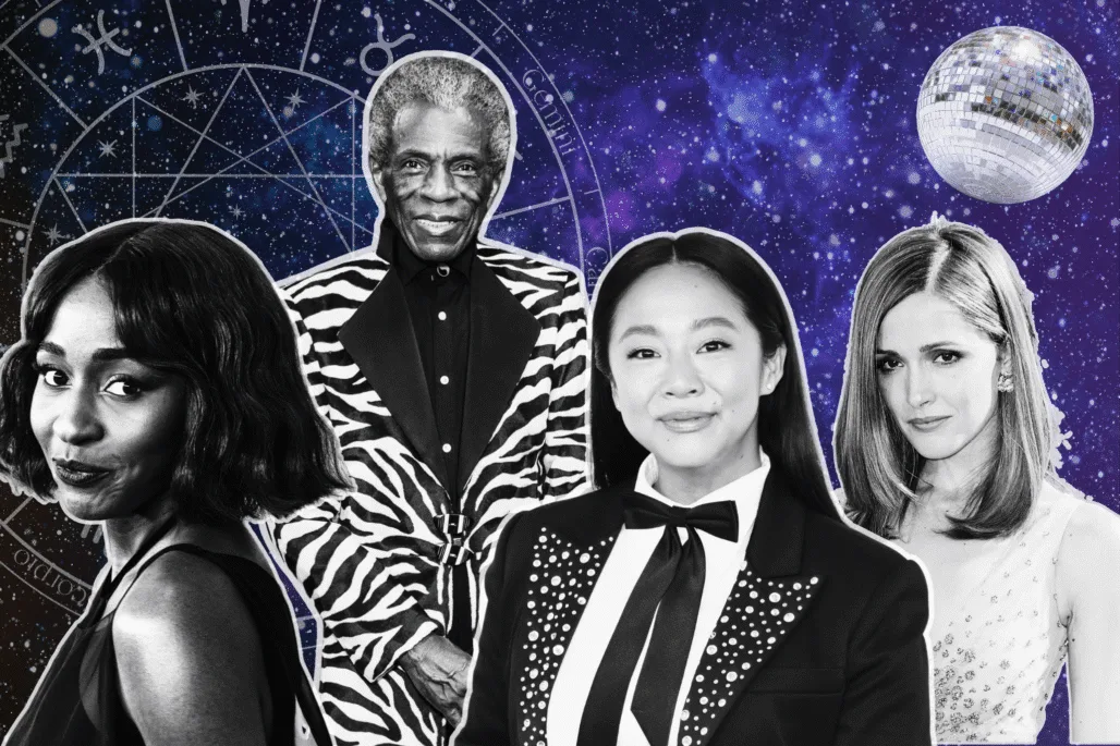 Broadway spring 2026 astrology composite featuring Ayo Edebiri, André de Shields, Stephanie Hsu, and Rose Byrne.