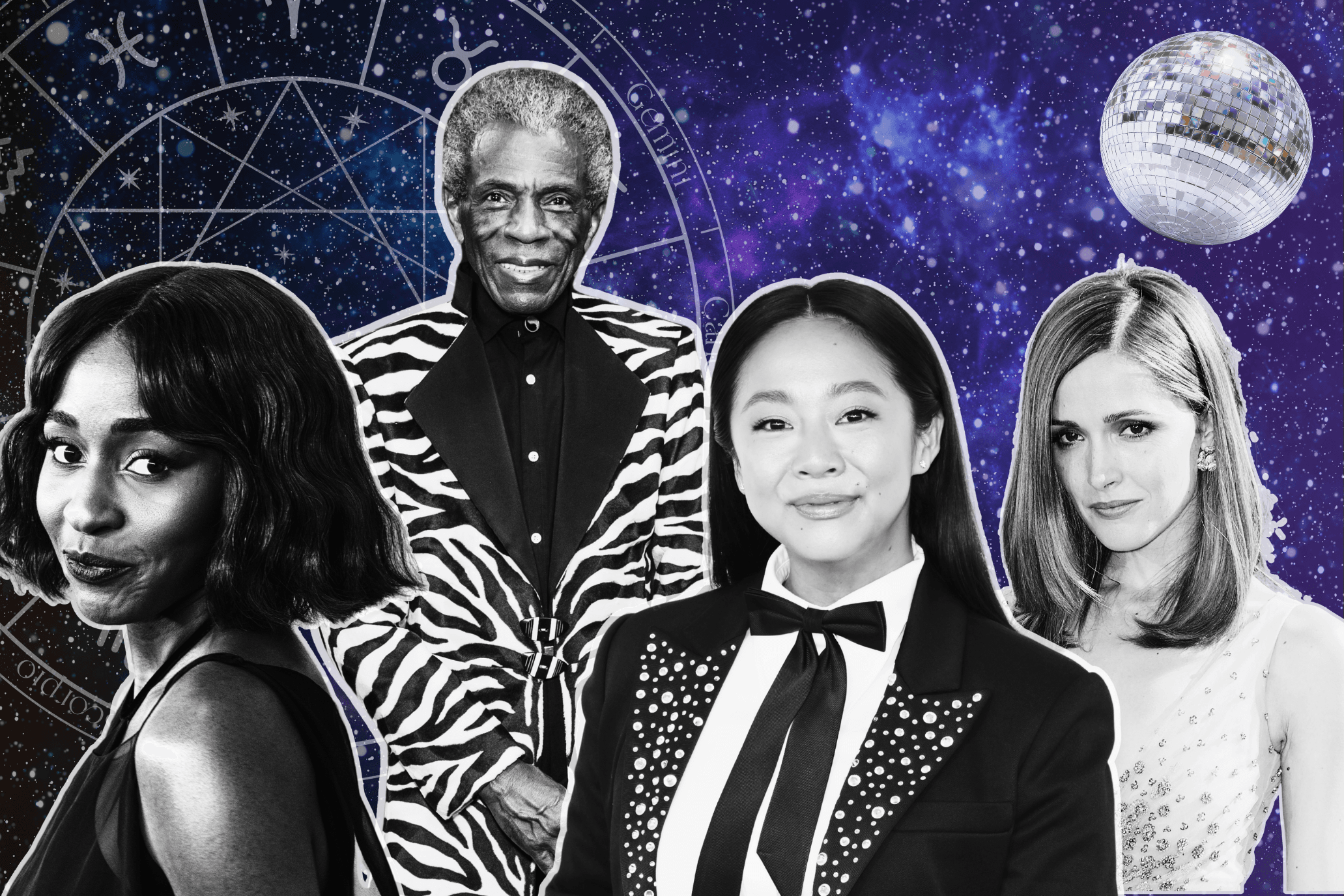 Broadway spring 2026 astrology composite featuring Ayo Edebiri, André de Shields, Stephanie Hsu, and Rose Byrne.