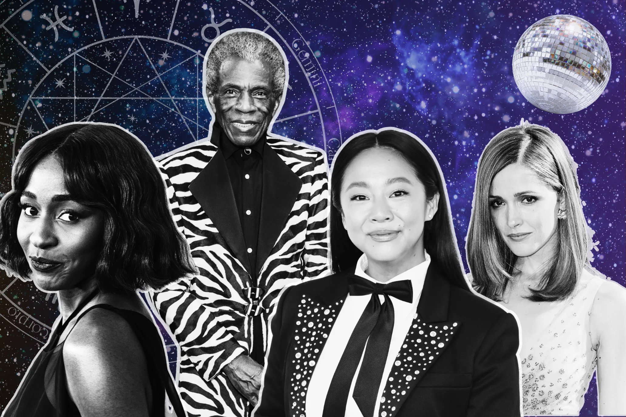 Broadway spring 2026 astrology composite featuring Ayo Edebiri, André de Shields, Stephanie Hsu, and Rose Byrne.