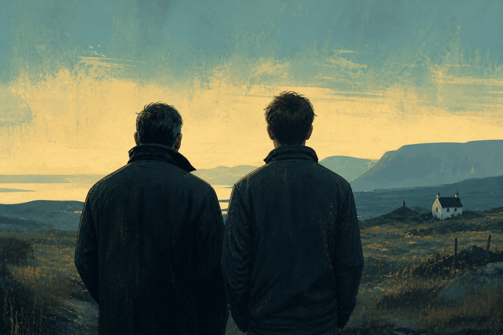 The shadow of two men staring off into the sunset