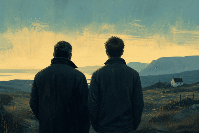 The shadow of two men staring off into the sunset