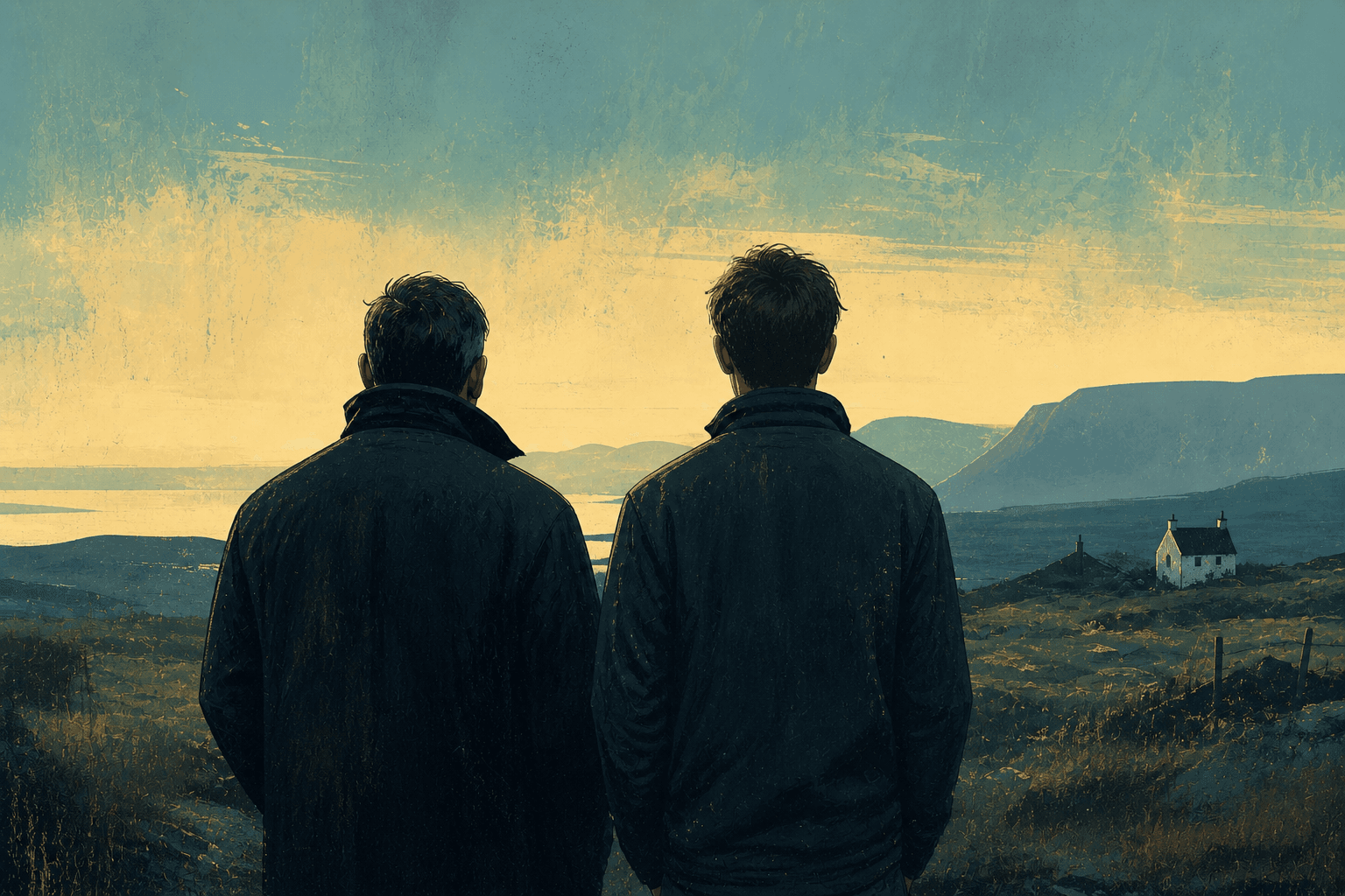 The shadow of two men staring off into the sunset