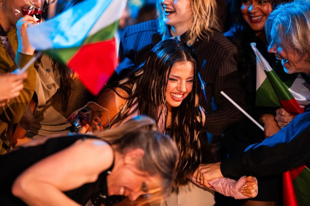 The artists of Vienna 2026 in the Green Room during the Grand Final of the Eurovision Song Contest at Wiener Stadthalle. 