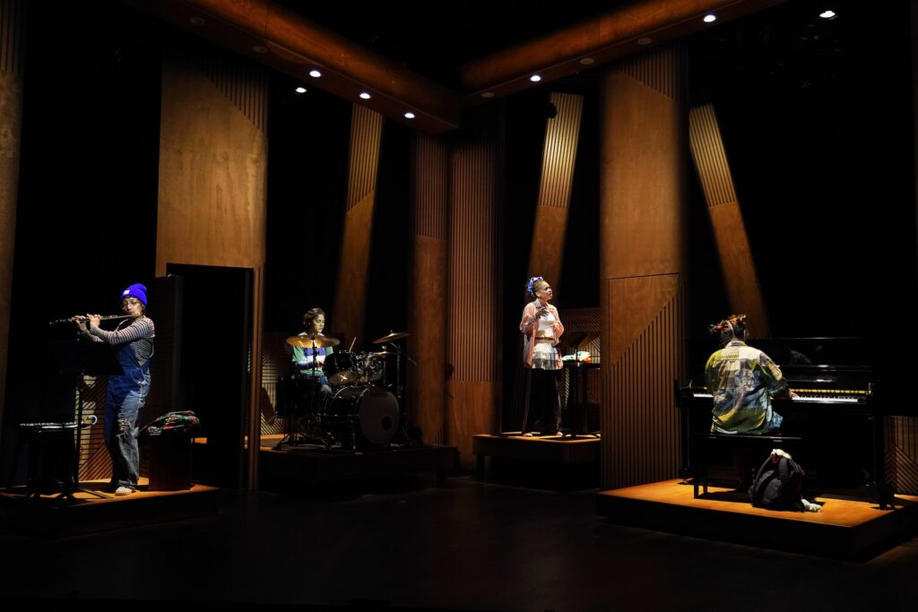 Gianna DiGregorio Rivera, Naomi Latta, Hillary Fisher, and Yeena Sung in "||: Girls :||: Chance :||: Music :||" Photo by Carol Rosegg.