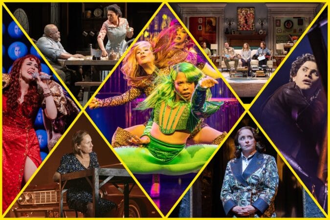 Collage of 2026 Tony Award nominees and snubs.