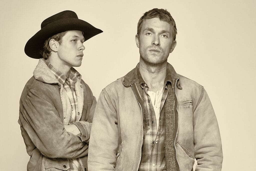 Jack Cameron Kay as Jack Twist and Harrison Ball as Ennis Del Mar in Chicago Shakespeare’s North American premiere production of Brokeback Mountain. Photo by Jeff Sciortino.