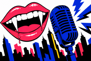 An illustration featuring fangs, a microphone, and city skyline in red, yellow, and blue.
