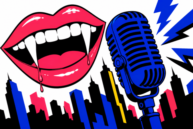 An illustration featuring fangs, a microphone, and city skyline in red, yellow, and blue.