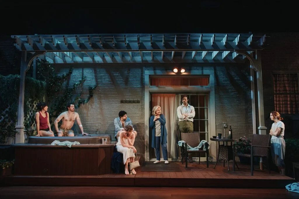 (l-r) Zoë Winters, Nate Mann, Eli Gelb, Molly Ranson, Liz Larsen, Hale Appleman, and Molly Bernard in "Birthright."