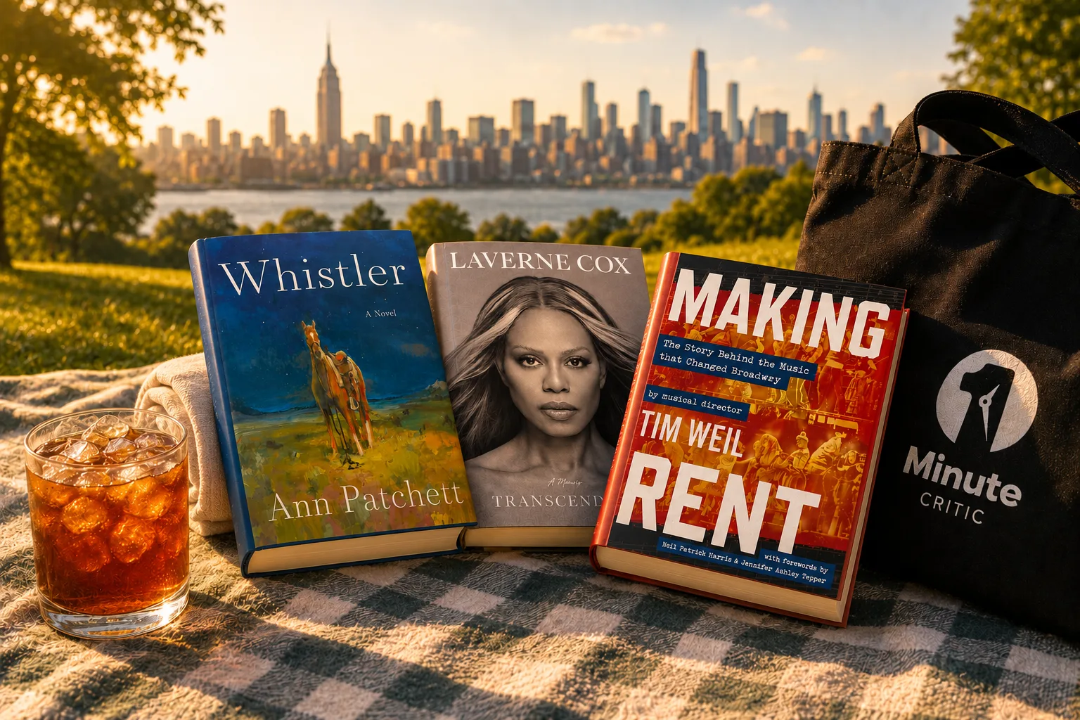1MC curated book recommendations flat lay featuring Whistler by Ann Patchett, Transcendent by Laverne Cox, and Making Rent by Tim Weil with 1 Minute Critic tote bag.