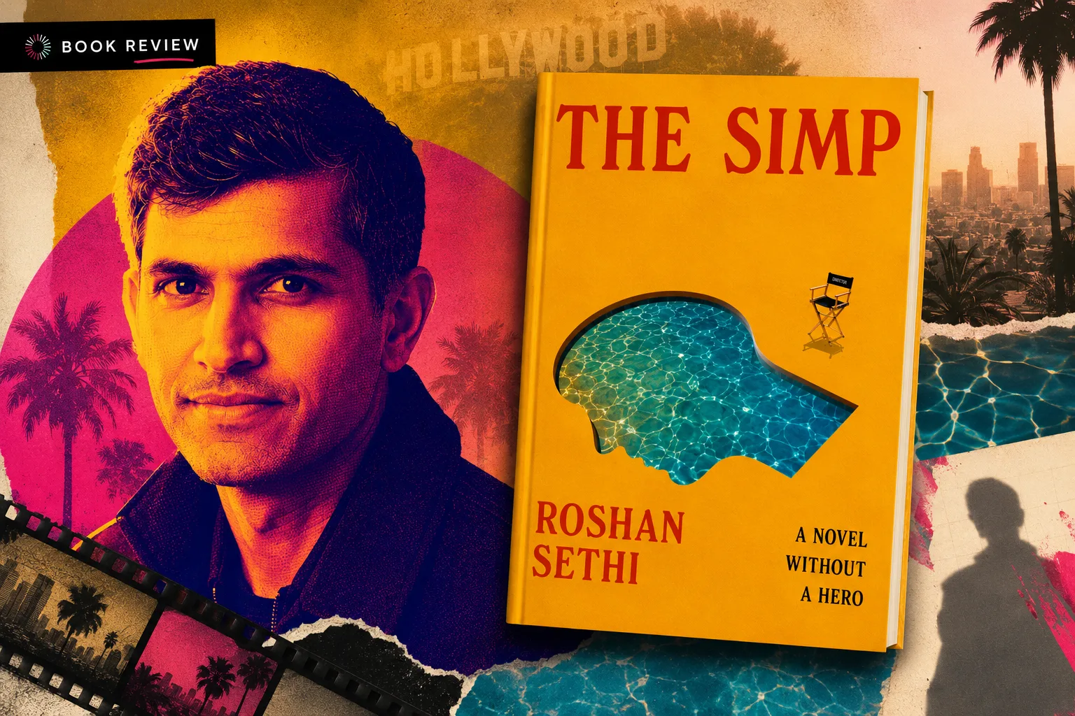 An illustrated image featuring author Roshan Sethi and The Simp book cover