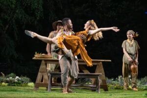 Michael Thanh Train, Daniel Kyri, Isabela Ferrer, and Everett Lonergan in the 2026 Free Shakespeare in the Park production of THE WINTER'S TALE directed by Daniel Sullivan. Photo credit: Joan Marcus.