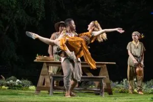 Michael Thanh Train, Daniel Kyri, Isabela Ferrer, and Everett Lonergan in the 2026 Free Shakespeare in the Park production of THE WINTER'S TALE directed by Daniel Sullivan. Photo credit: Joan Marcus.