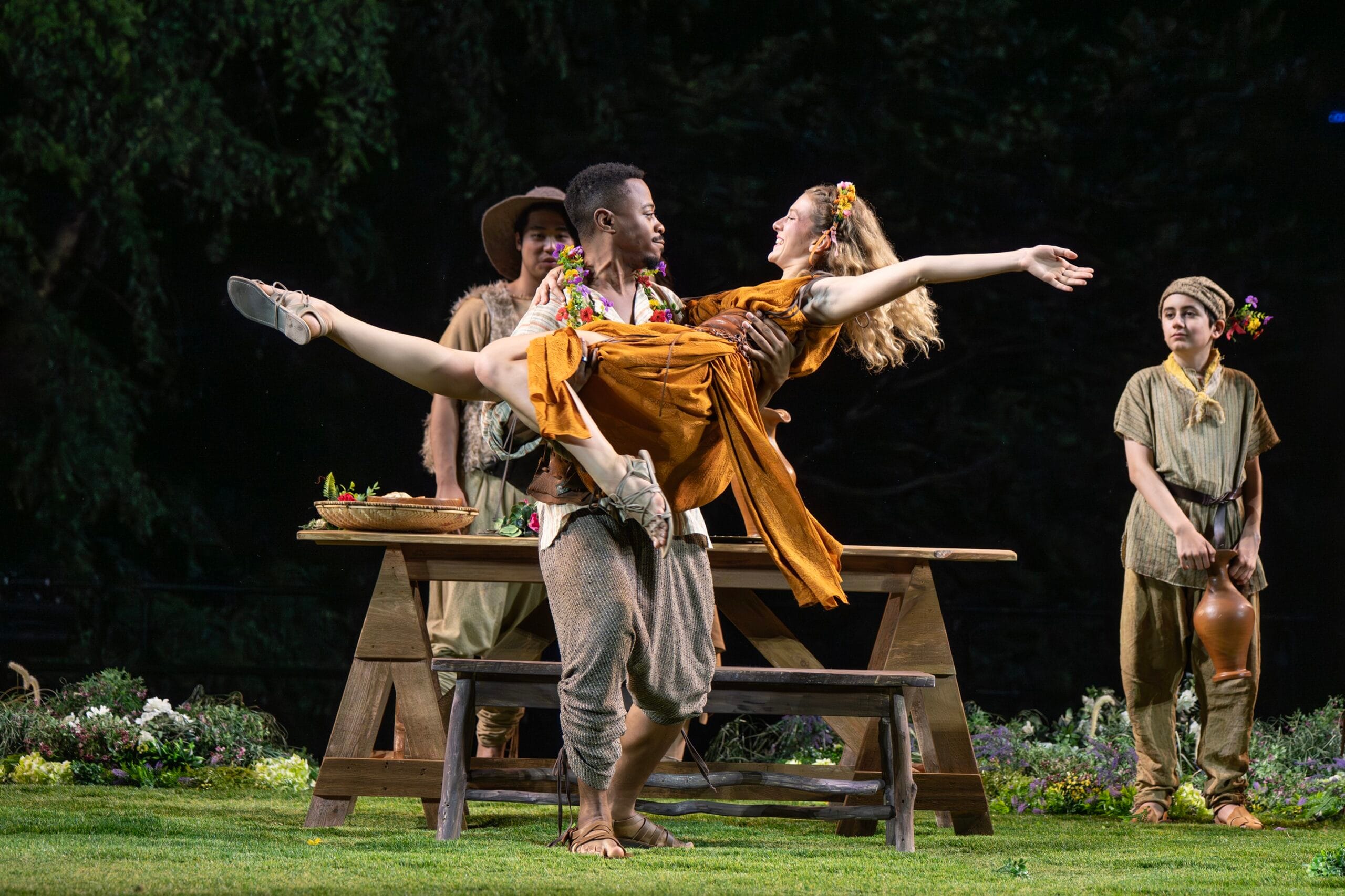 Michael Thanh Train, Daniel Kyri, Isabela Ferrer, and Everett Lonergan in the 2026 Free Shakespeare in the Park production of THE WINTER'S TALE directed by Daniel Sullivan. Photo credit: Joan Marcus.
