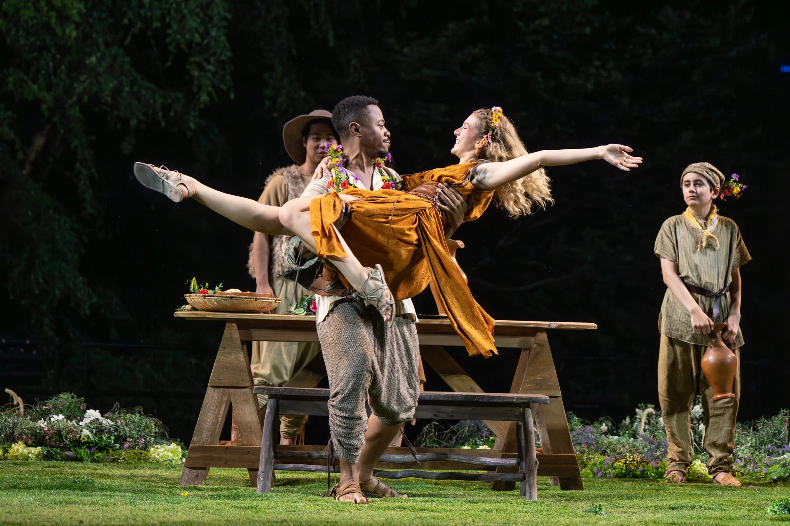 Michael Thanh Train, Daniel Kyri, Isabela Ferrer, and Everett Lonergan in the 2026 Free Shakespeare in the Park production of THE WINTER'S TALE directed by Daniel Sullivan. Photo credit: Joan Marcus.