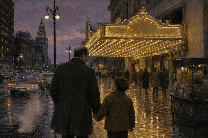 father and son going to the theater illustration