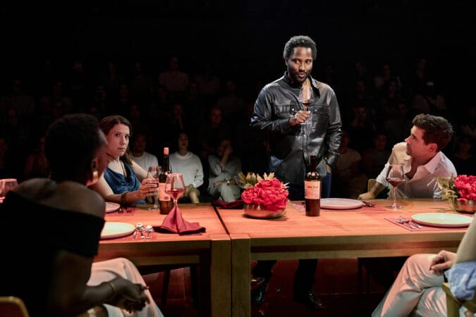Irene Sofia Lucio, John David Washington, and Jason Ralph in the 2026 production of DISRUPTION - Photo by Emilio Madrid