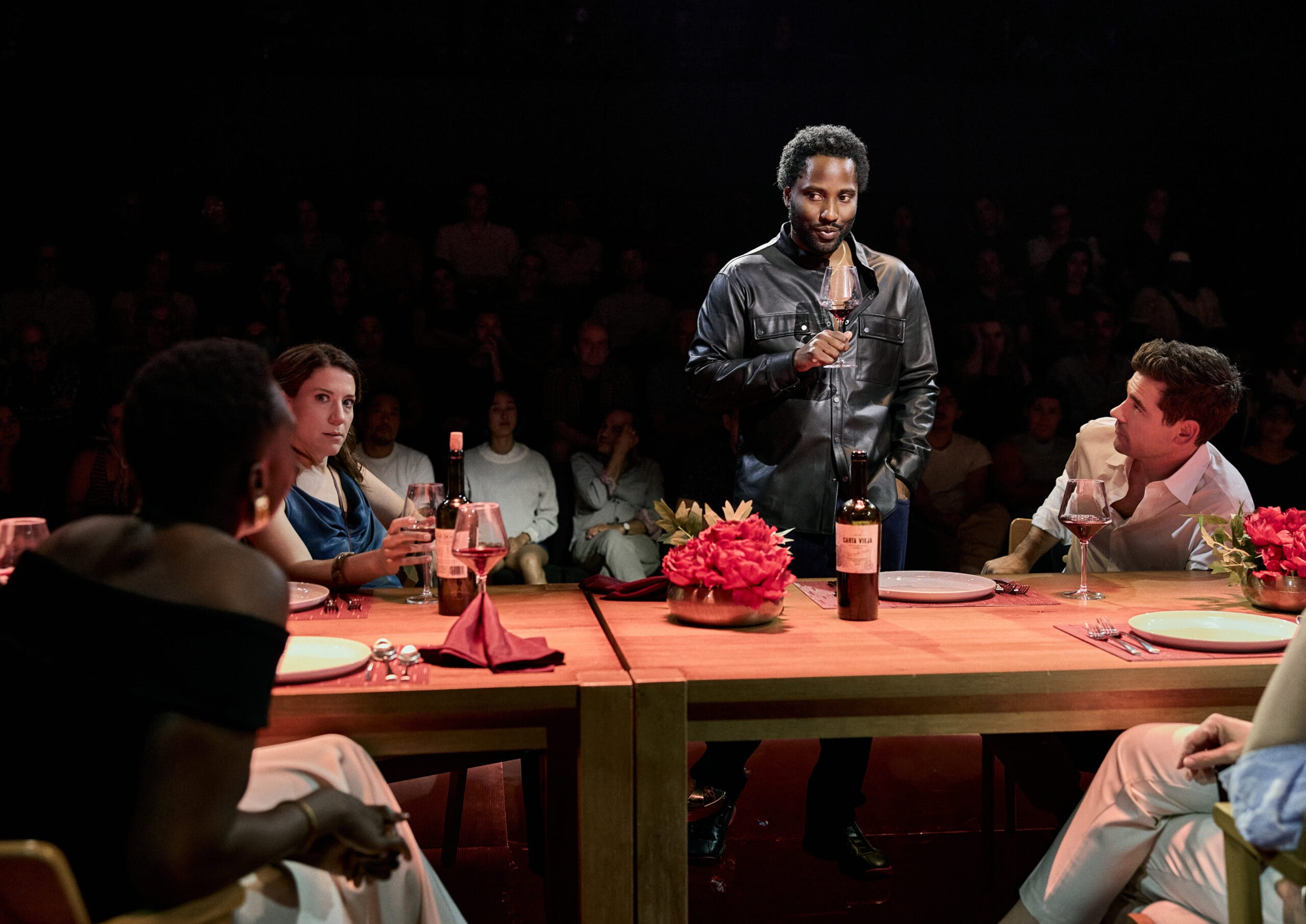 Irene Sofia Lucio, John David Washington, and Jason Ralph in the 2026 production of DISRUPTION - Photo by Emilio Madrid